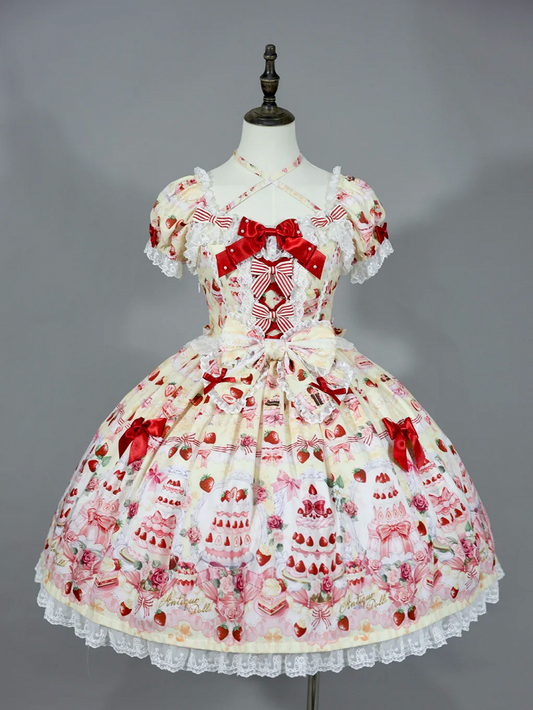 Accents Print Lolita Full Sweet Yellow Cake Bow Set Dress / Strawberry