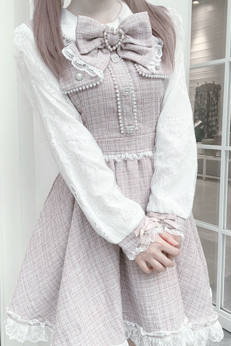 Jirai Kei Dress with Bowknot, Lace, Pearl Details, Long Sleeves, Grey/Pink