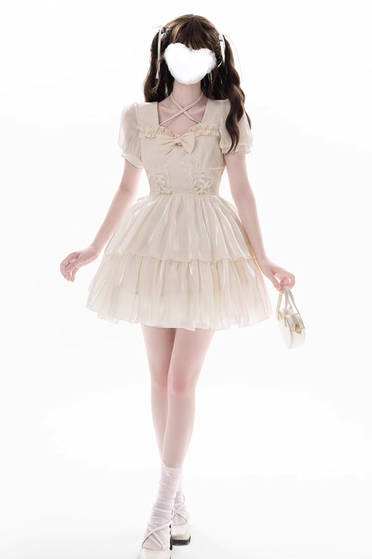 Apricot Prussian Legend Short Sleeves Multi-Layered Jacquard Ruffle Bow Sweet Dress