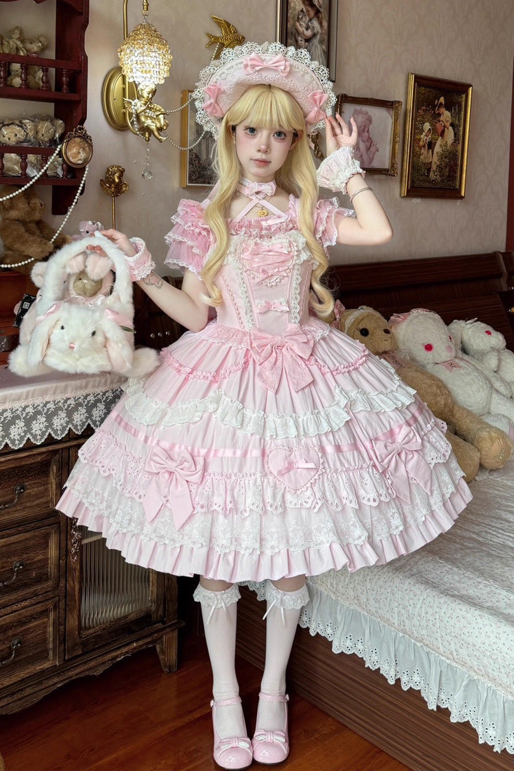 Blush Triple-Tier Ruffle Bow Elegant Lolita JSK - Super Cute Belia