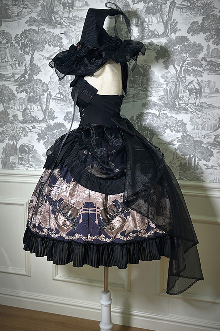 Noir Halter Neck Printed Ruffle Bow Drawstring Gothic Dress - The Mystery of The Doll