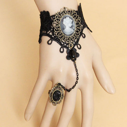 Vintage Gothic Lace Pearl Portrait Ring Bracelet