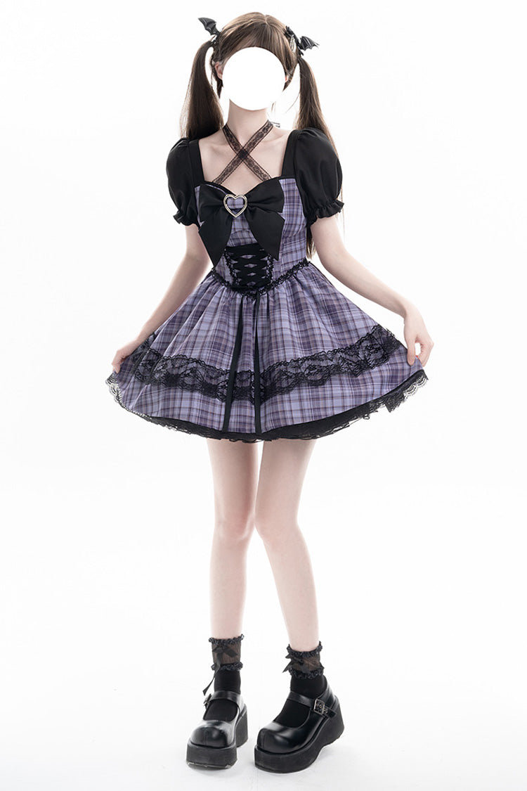 Purple Witch Time Short Puff Sleeves Plaid Print Bow Lace Sweet Dress