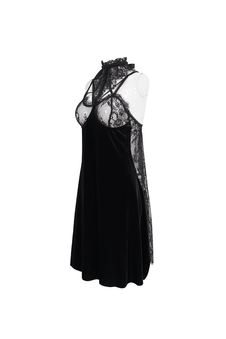 Velvet Turtleneck Gothic Dress with Lace Slit