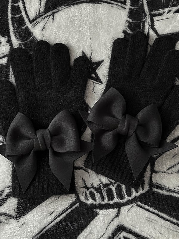 Bowknot Gothic at Black Gloves Finger Cutout Details Pads