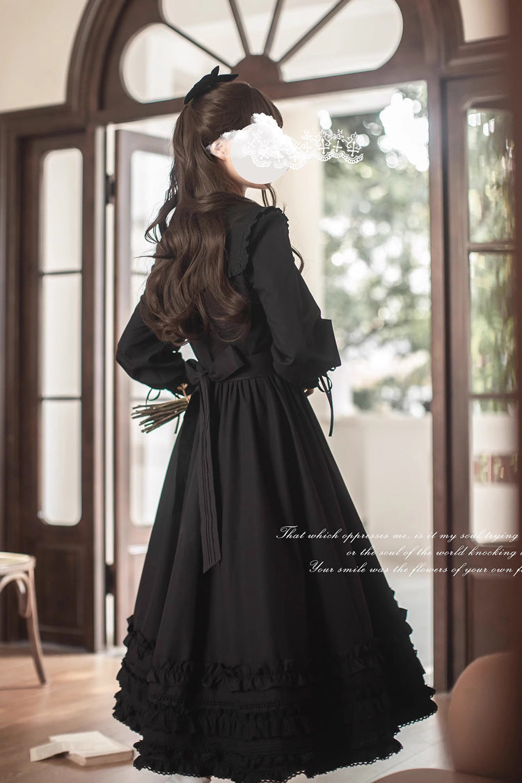 Noir Long Sleeve Ruffle Embroidered Bow Vintage Elegant Dress - Wind Kissed Tulips