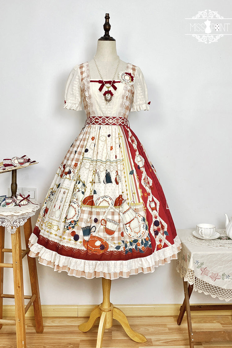 Crimson Tea Party Short Sleeve Printed Ruffled Bow Lace Sweet Elegant Lolita Gown