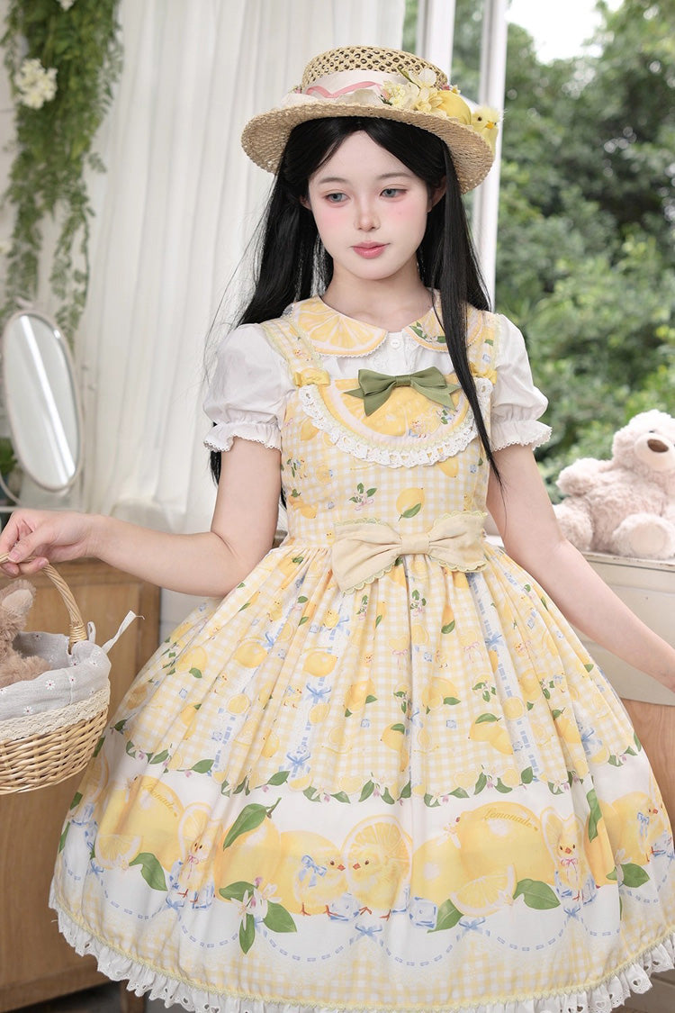 Sunshine Printed Ruffle Bow Lace Sweet Jumper Dress - Lemon Chicken