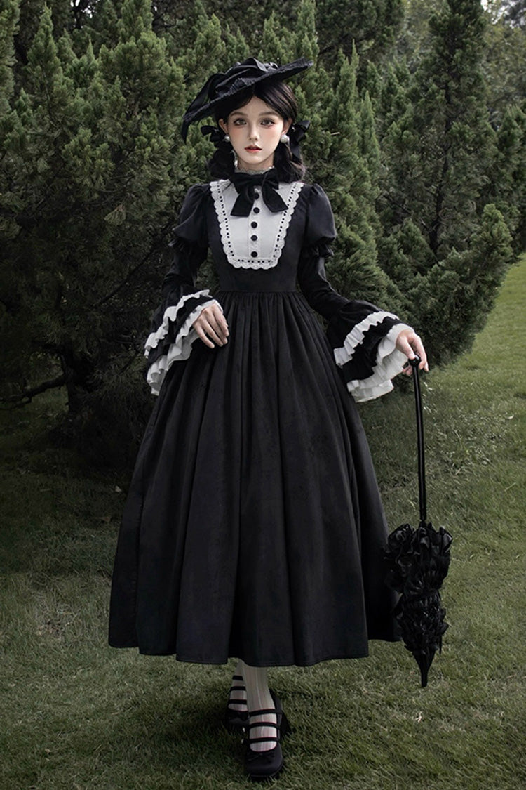 Black Sleepless Night Long Hime Sleeves Ruffle Bow Gothic Dress
