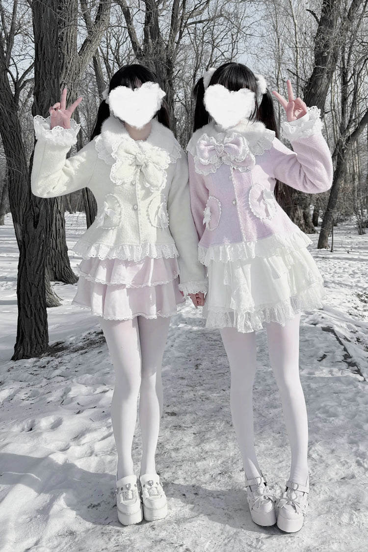 Diamond Strawberry Long Sleeve Bow Lace Pearl-Adorned Sweet Jirai Kei Lolita Coat in Three Colors