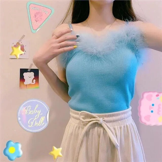 Années 90-Princess Feather Pastel Kawaii Esthétique Knit Top MK18534