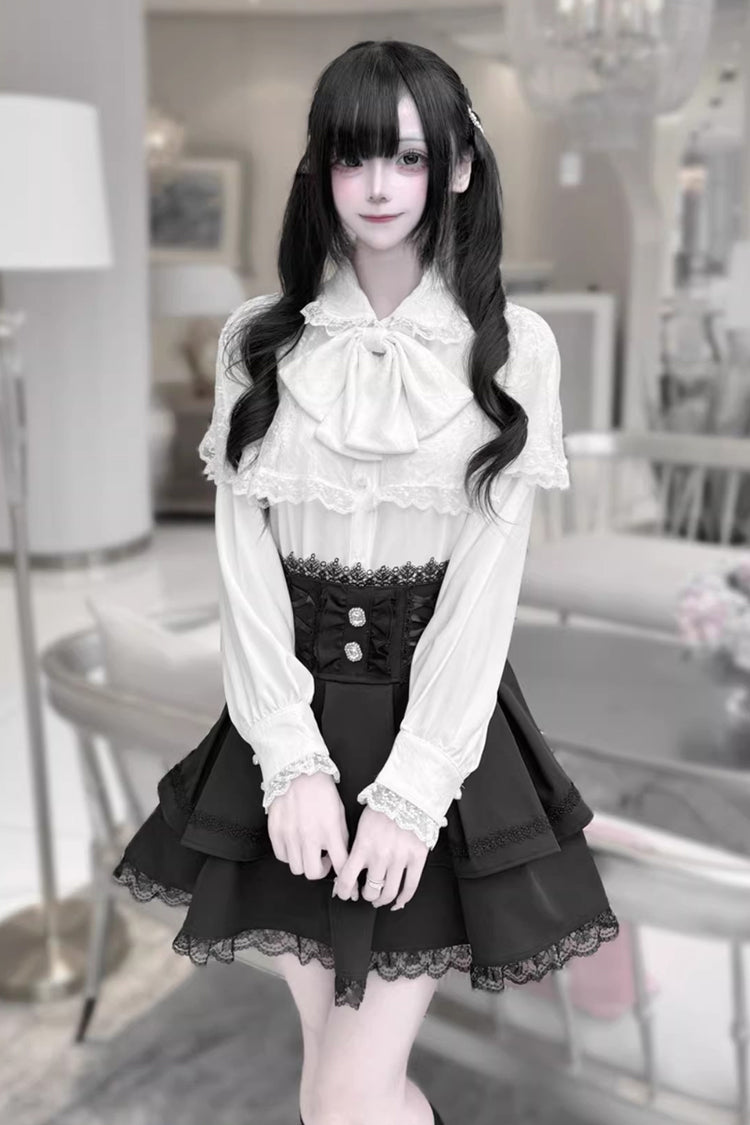 Dark Moon Shadow Double-Layered Ruffled Embroidered Bow Corset Gothic Jirai Kei Top and Skirt Set