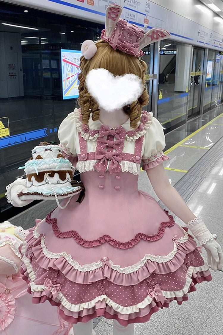 Bunny Parfait Short Sleeve Multi-Layered Ruffled Bow Sweet Lolita Dress - Pink