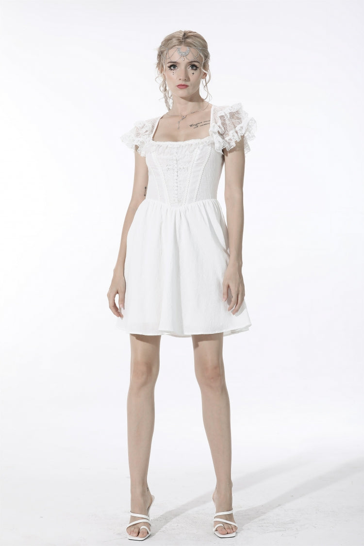 Ivory Layered Lace Square Neckline Strappy Gothic Mini Dress for Women