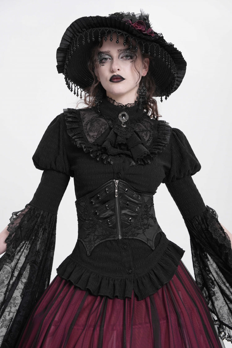 Underbust Corset with Batwing Beaded Lace-Up & Zip Closure