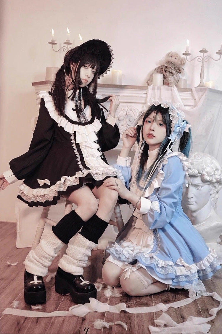 Long Sleeves Multi-layer Cross Print Nun Style Ruffle Gothic Lolita Dress