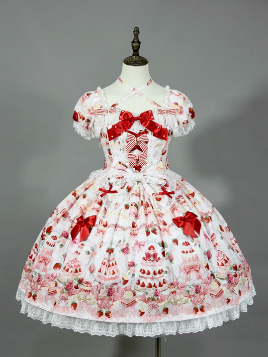 Sweet White Full Set Bow Cake Strawberry Accents Dress Print / Lolita
