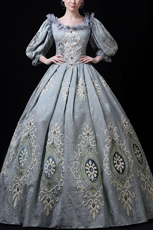 Blue Victorian Boat Neck Dress with Floral Embroidery - Altfashion Shop
