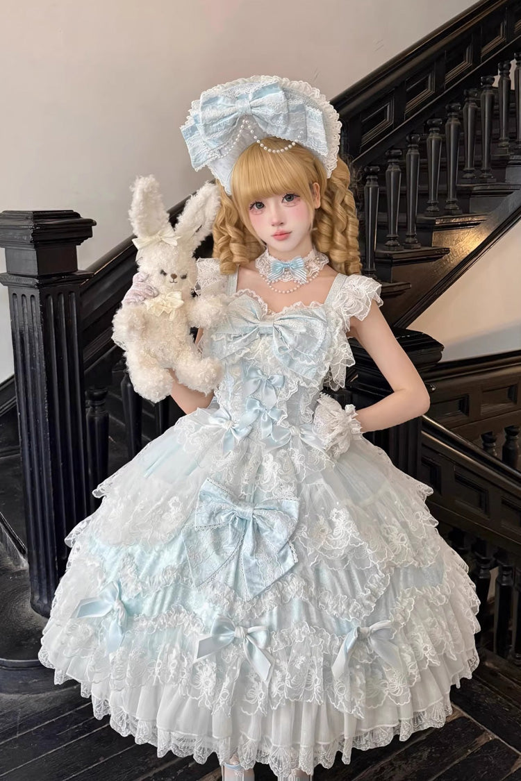 Blue Ruffled Hanayome Bow Lace Sweet Princess Lolita Jsk Dress - Sakura Dream Romance