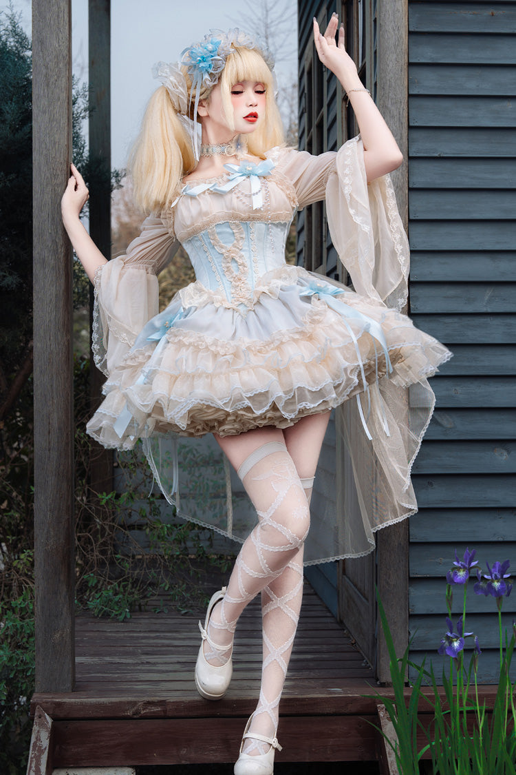 Flowing Light Gift Box Square Collar Sleeveless Layered Ruffle Bow Ballet Lolita JSK Dress