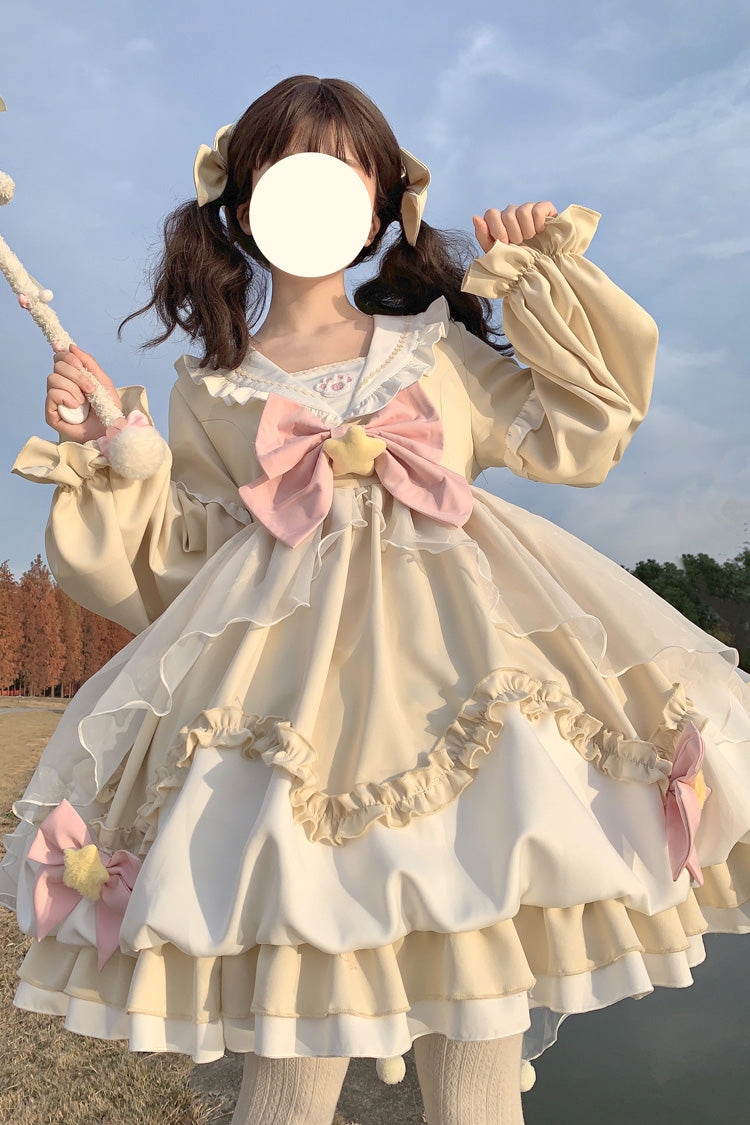 Pray Star Long Sleeve Double Ruffled Bowknot Lace Sweet Lolita Dress