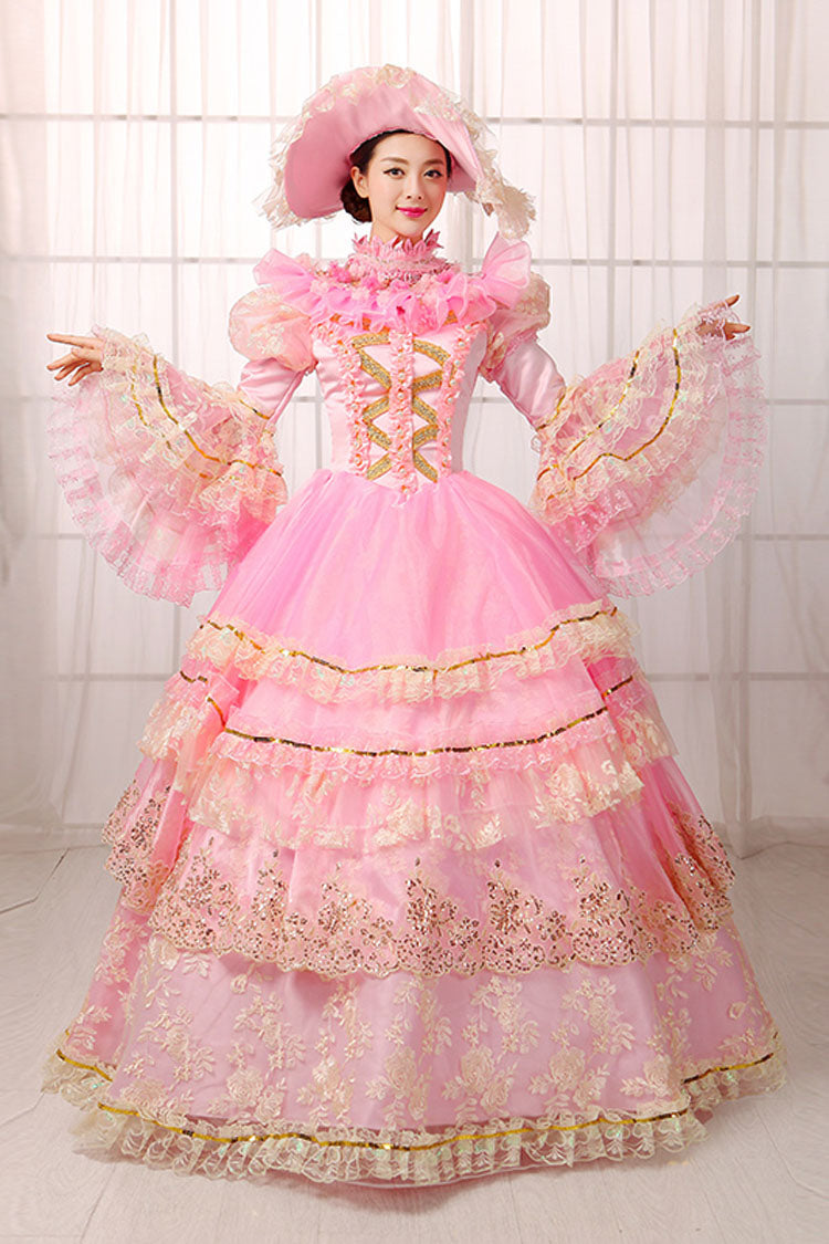 Pink Floral Embroidered Victorian Dress with Bell Sleeves - Altfashion Shop