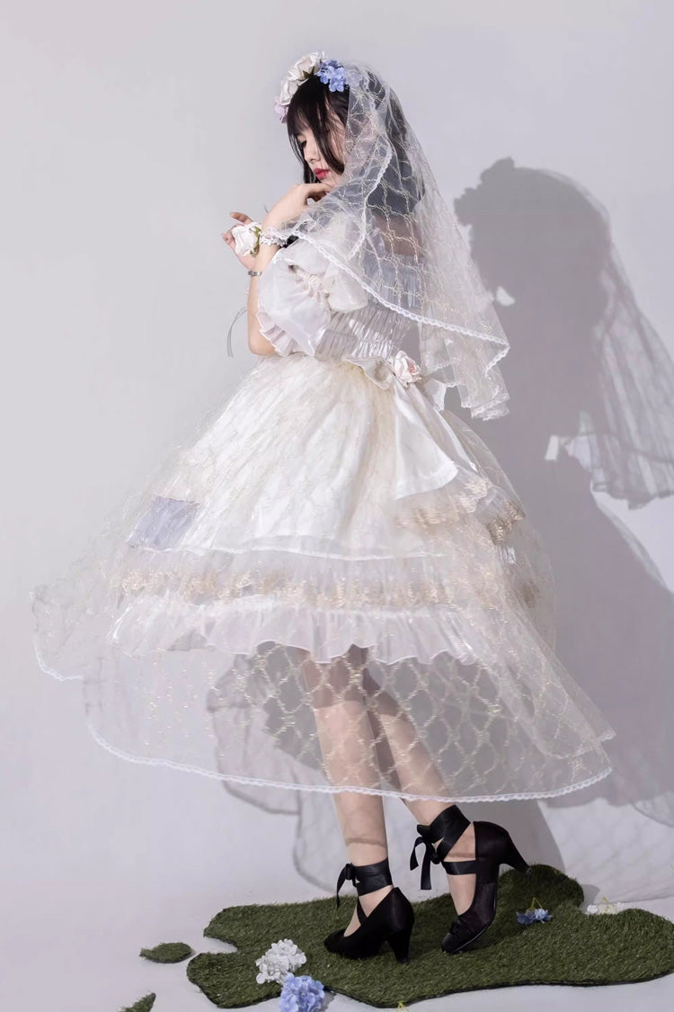 Princess Lolita Dress with Multi-Layer Ruffles, Bowknot, Lace-Up, Grey/Blue