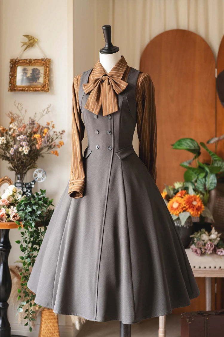 Classic Victorian Lolita JSK Dress with Ruffled Neckline, Sleeveless, Grey