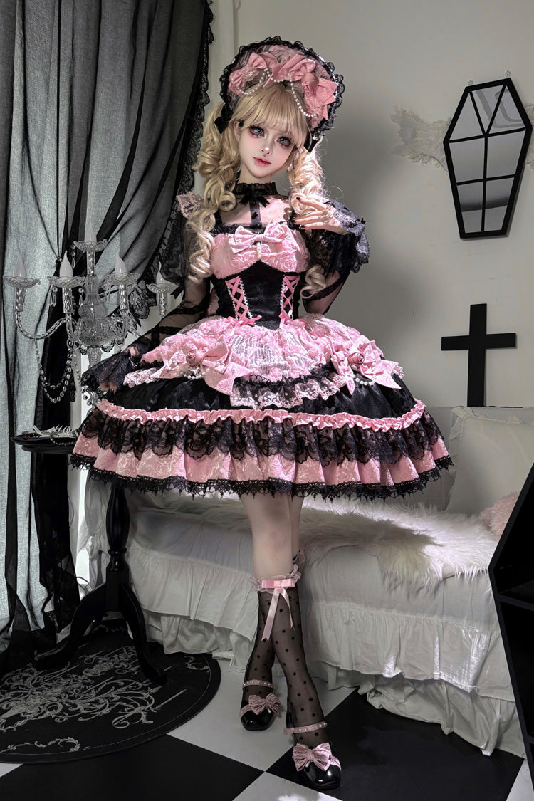 Ebony Rose Sleeveless Ruffle Bow Lace Corset Ballet Jumper Dress - Rose Princess