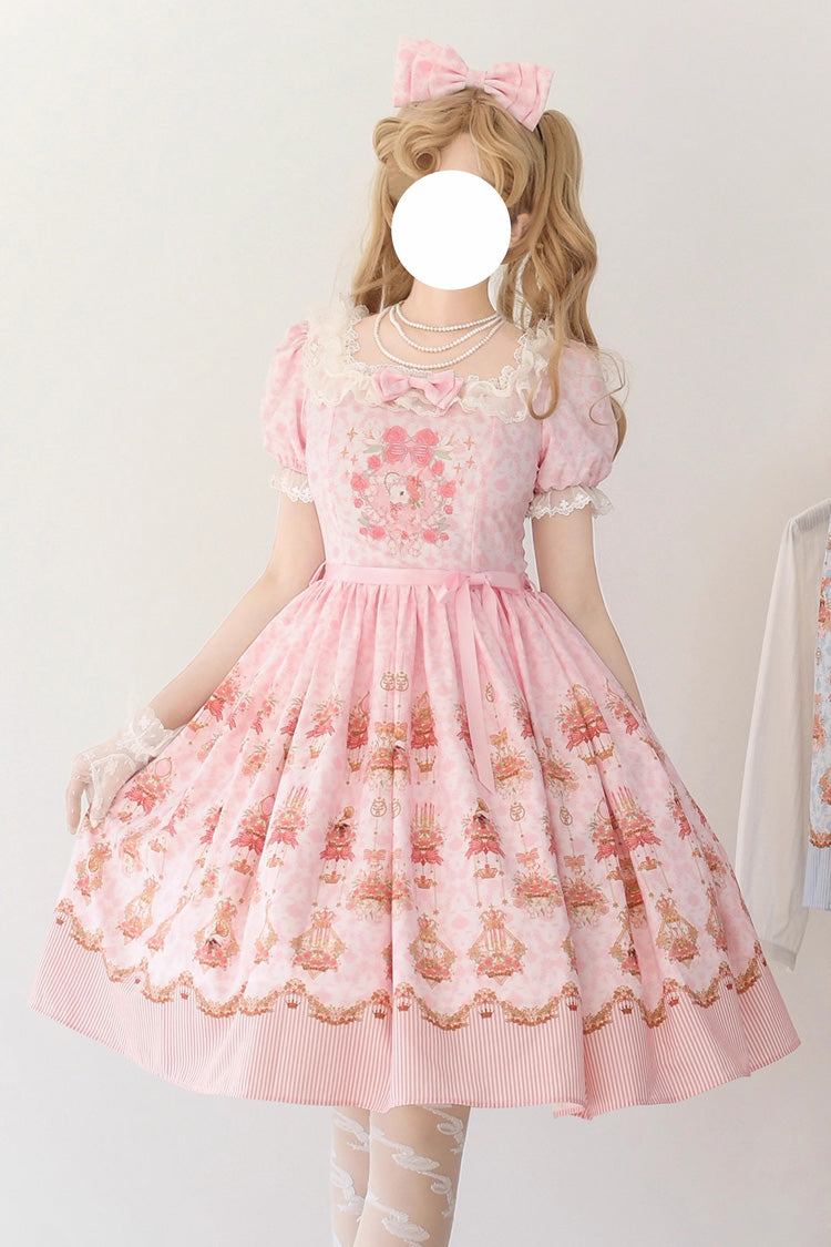Pink Rose Print Bowknot Sweet Lolita Dress