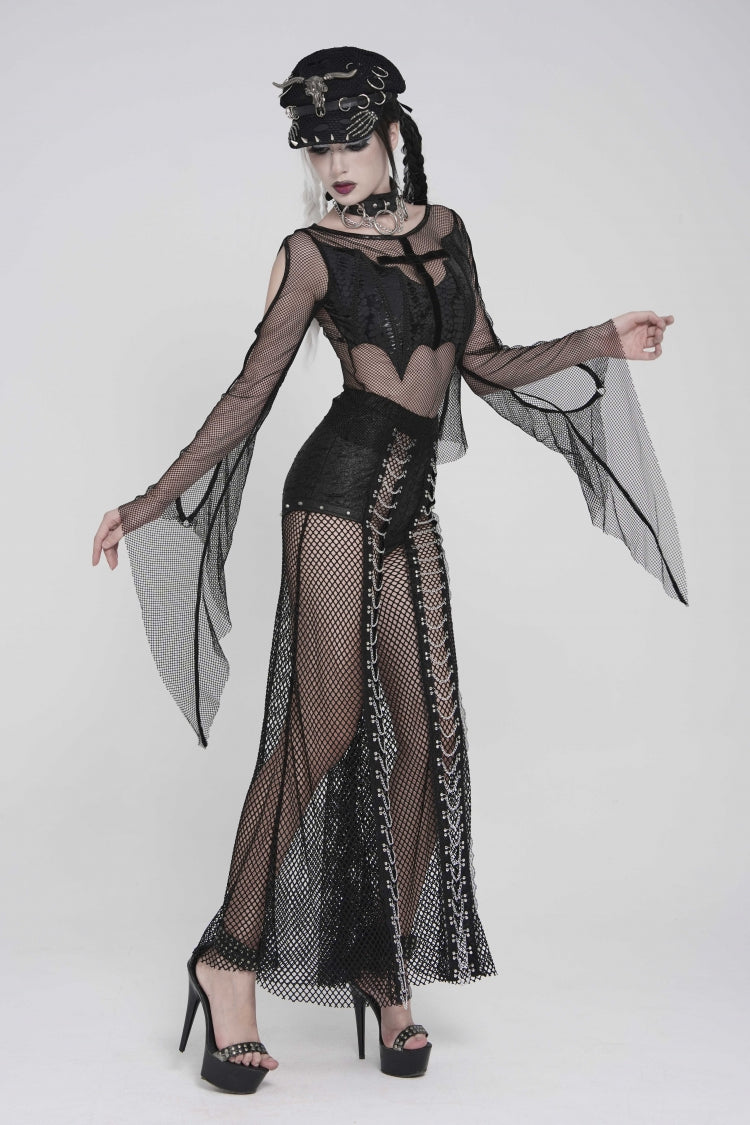 Noir Punk Trousers with Mesh Panels and Metal Studs