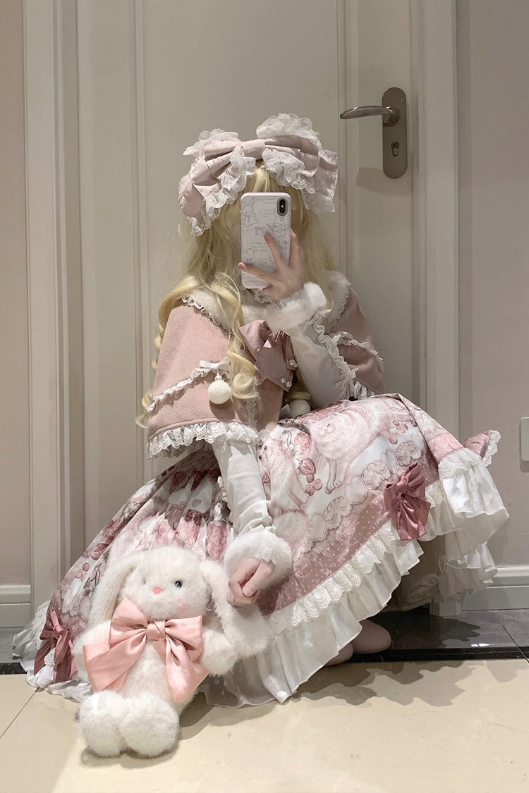Pink Princess Dessert Cat Print Bow Lace Lolita Dress Set