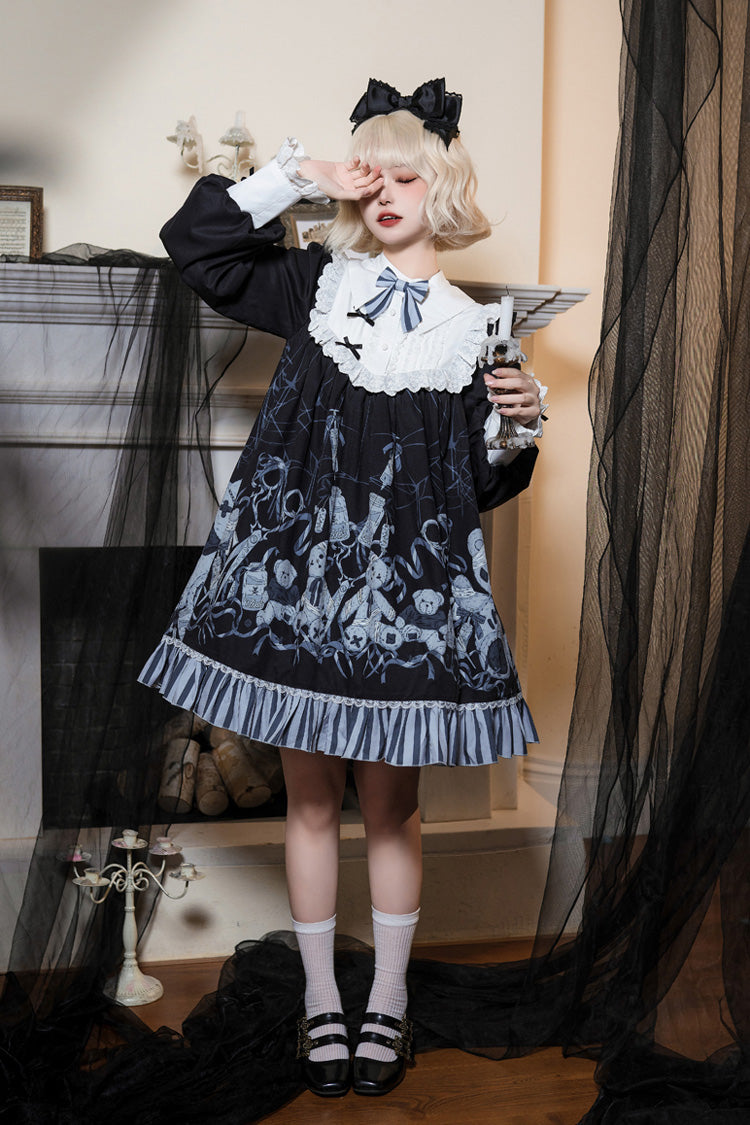 Black Bandage Bear Print Long Sleeves Ruffle Bow Lace Gothic Dress