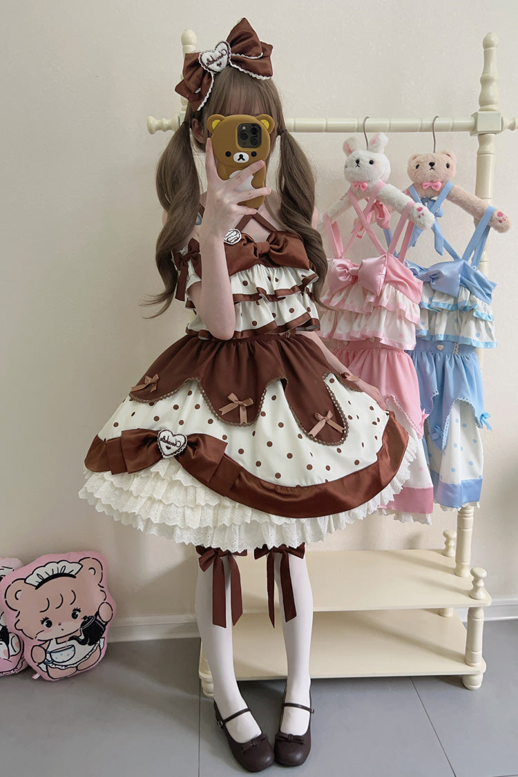 Chocolate Brown Cream Polka Dot Ruffled Bowknot Sweet Lolita JSK