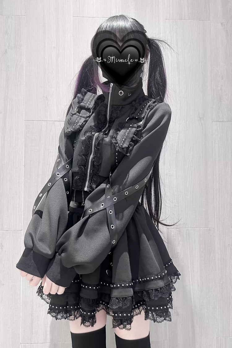 Ruffled Lace Zippered Gothic Jirai Kei Handsome Skirt Set