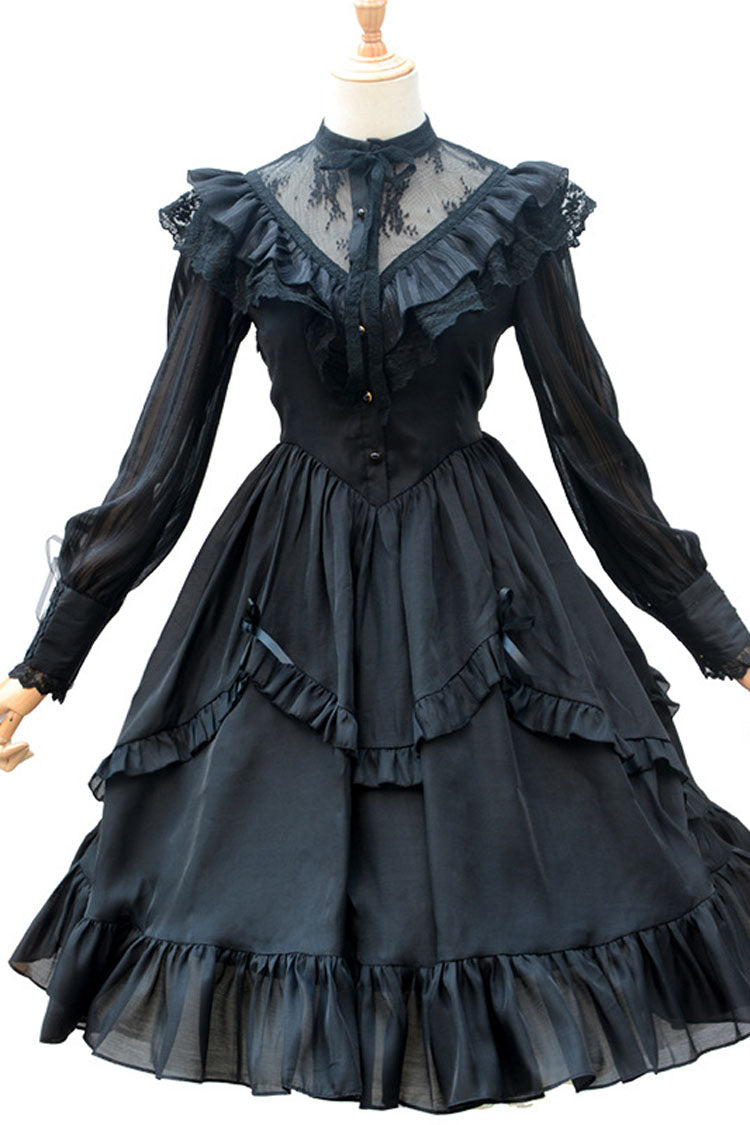 Gothic Lolita Dress with Hollow V Neck Long Sleeves Bowknot Hanayome Ruffled Design
