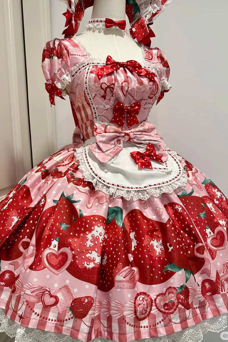 Dream to Strawberry Printed Short Sleeve Ruffle Bow Lace Sweet Lolita OP Dress in Four Colors