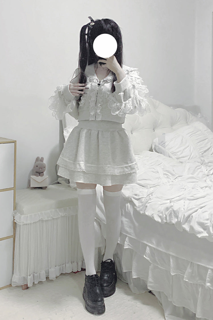 Ash Hooded Jirai Kei Set with Ruffled Lace Accents