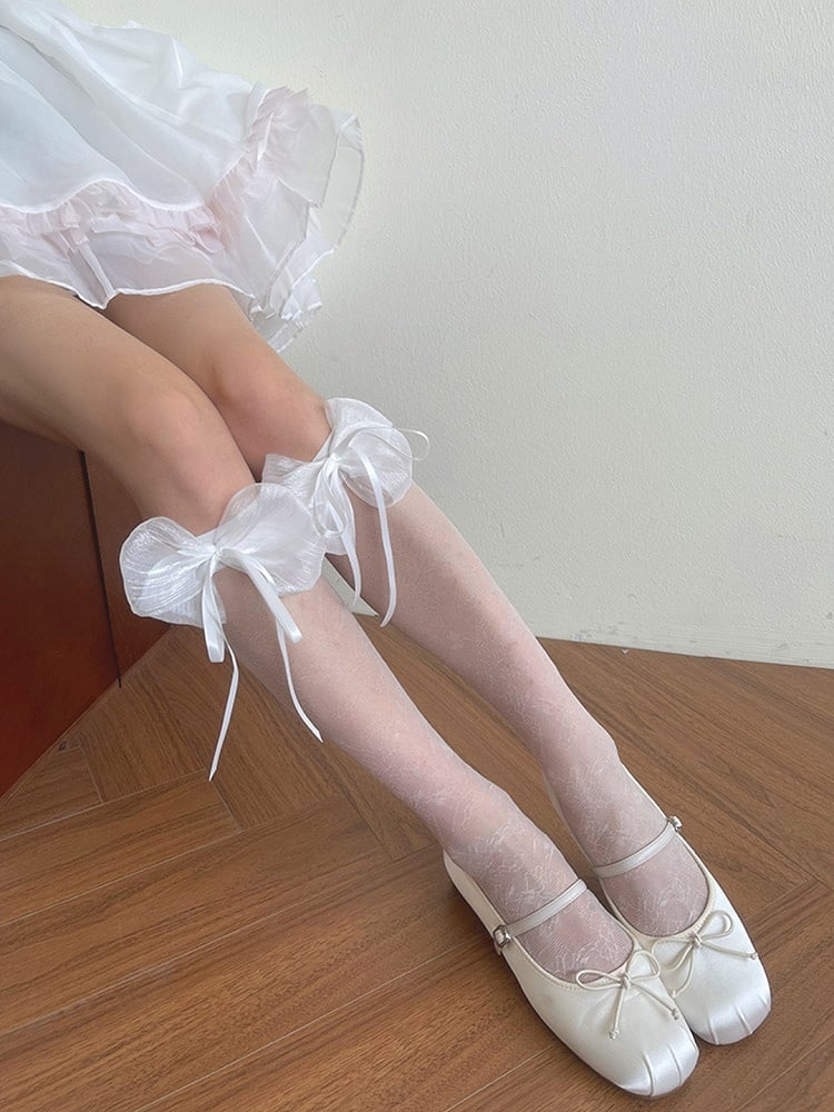 Stockings Black/White Underknee Bowknot Design