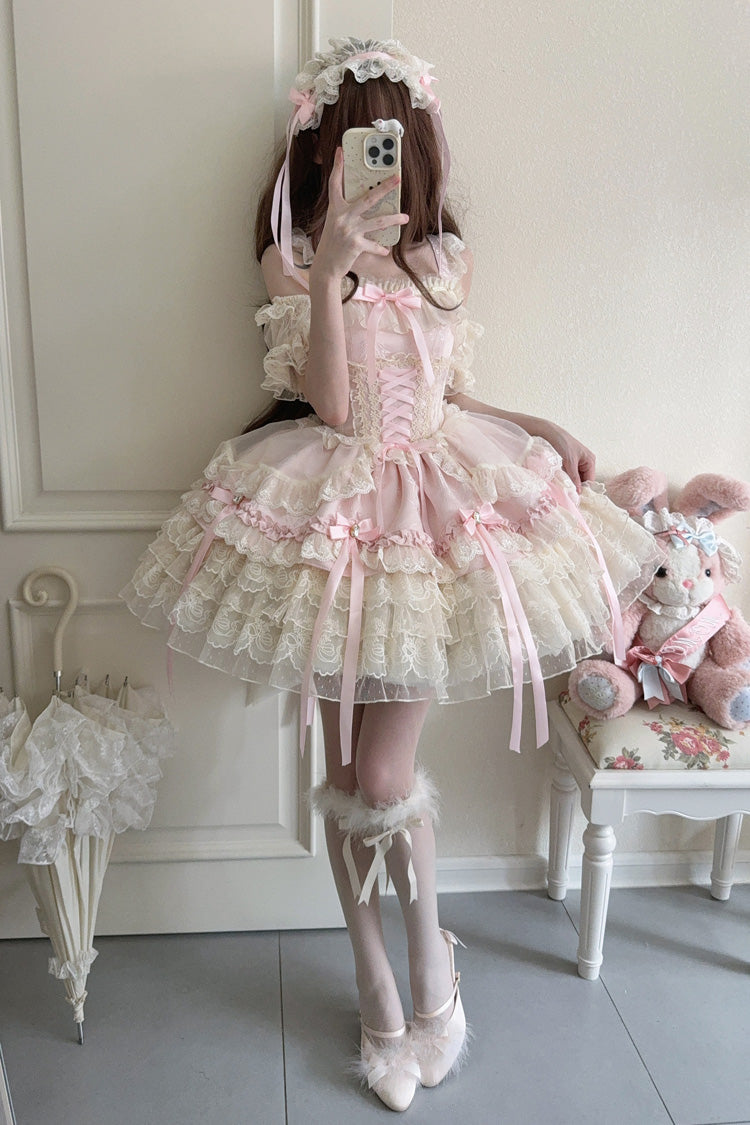 Rose Sleeveless Layered Ruffle Bow Lace Corset Ballet Jumper Dress - Ribbon Heart Love