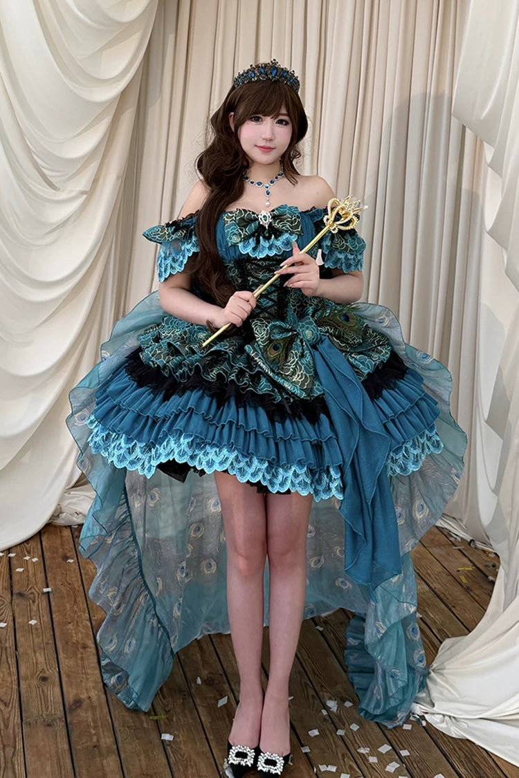 Peacock Spirit Princess Multi-Layered Ruffled Bow Lace-Up Classic JSK