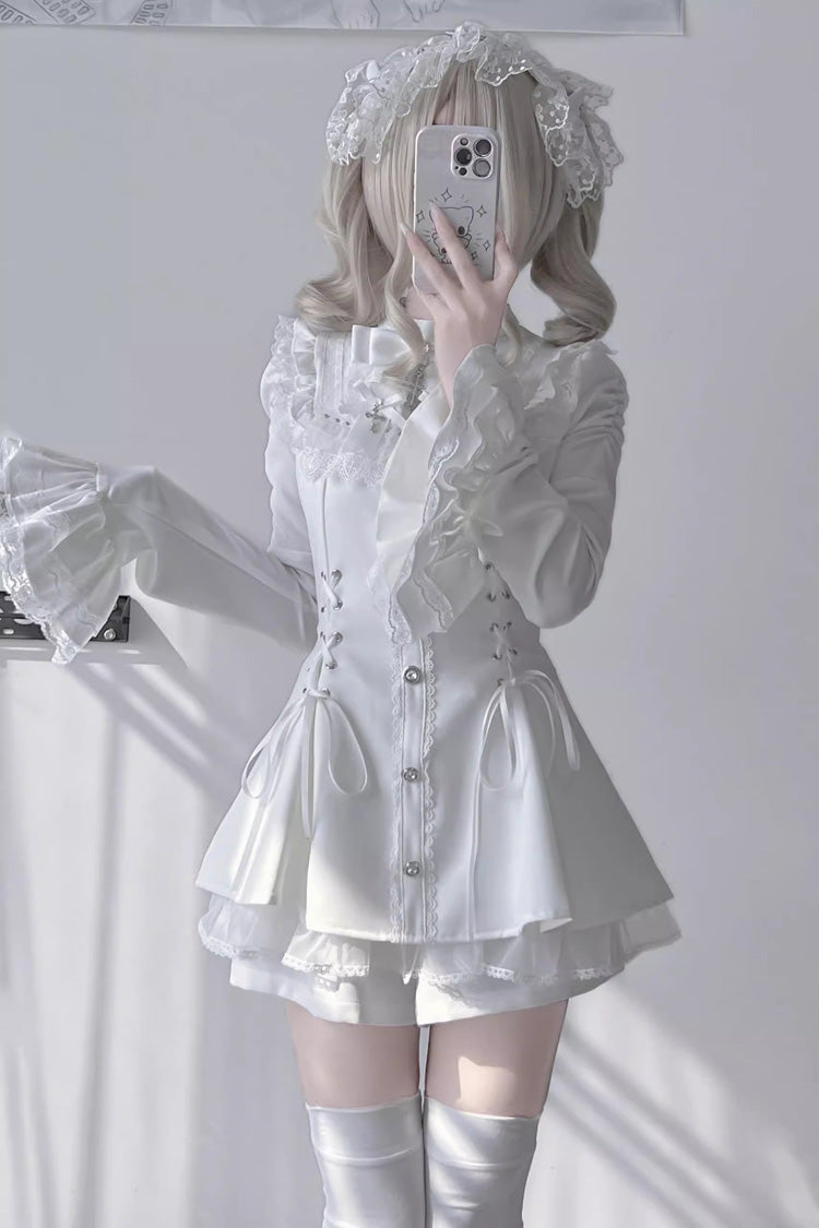 Ivory Flared Sleeves Bow Accent Lace-Up Dark Jirai Kei Set
