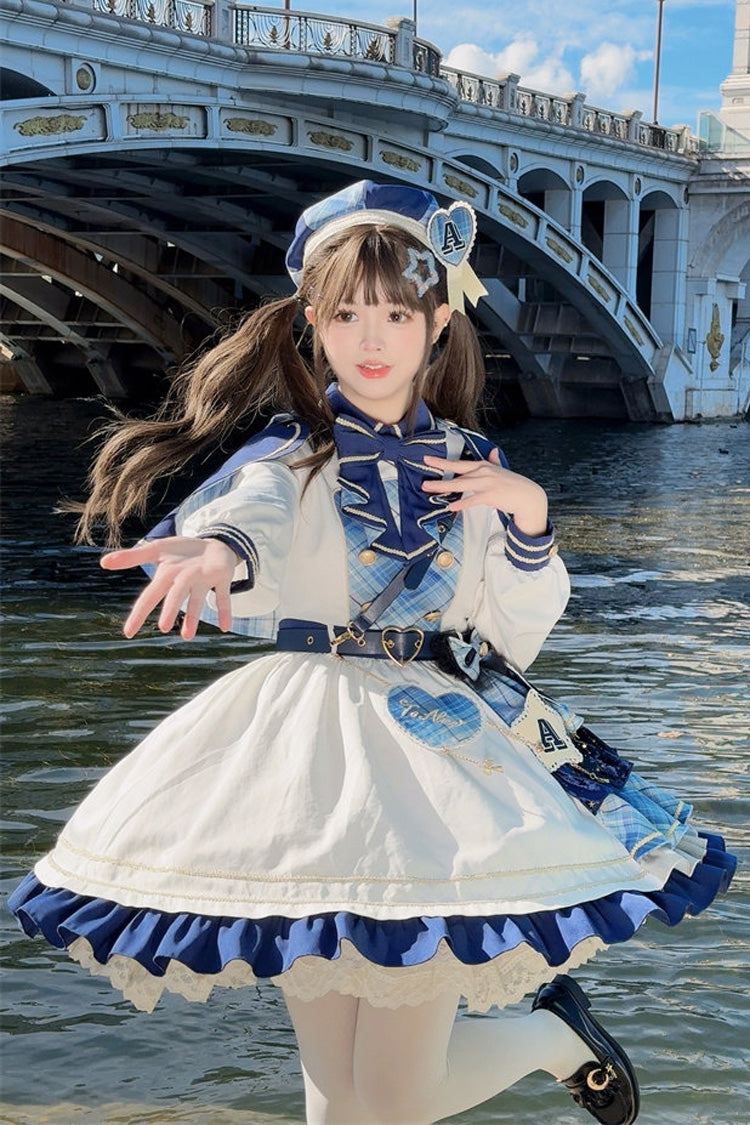 White Blue Starlight Academy Style Long Sleeves Printed Ruffled Spliced Asymmetric Faux Two-Piece Sweet Dress