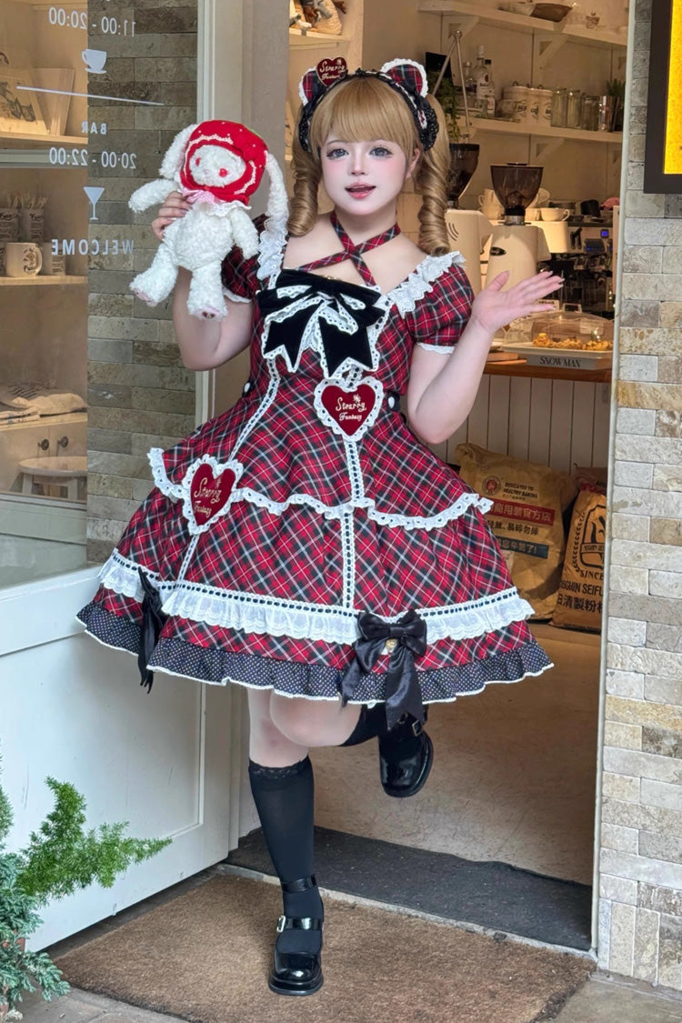 Crimson Shibuya Sweetheart Tartan Print Short Sleeve Frill Bow Sweet Lolita OP Plus Size