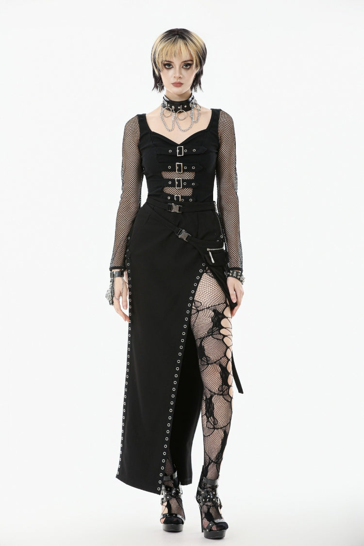 Long-Sleeve Punk Top with Buckled Straps and Mesh Panels