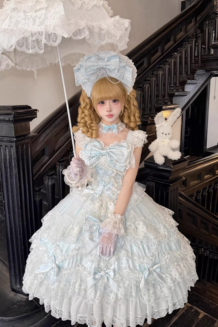 Blue Ruffled Hanayome Bow Lace Sweet Princess Lolita Jsk Dress - Sakura Dream Romance