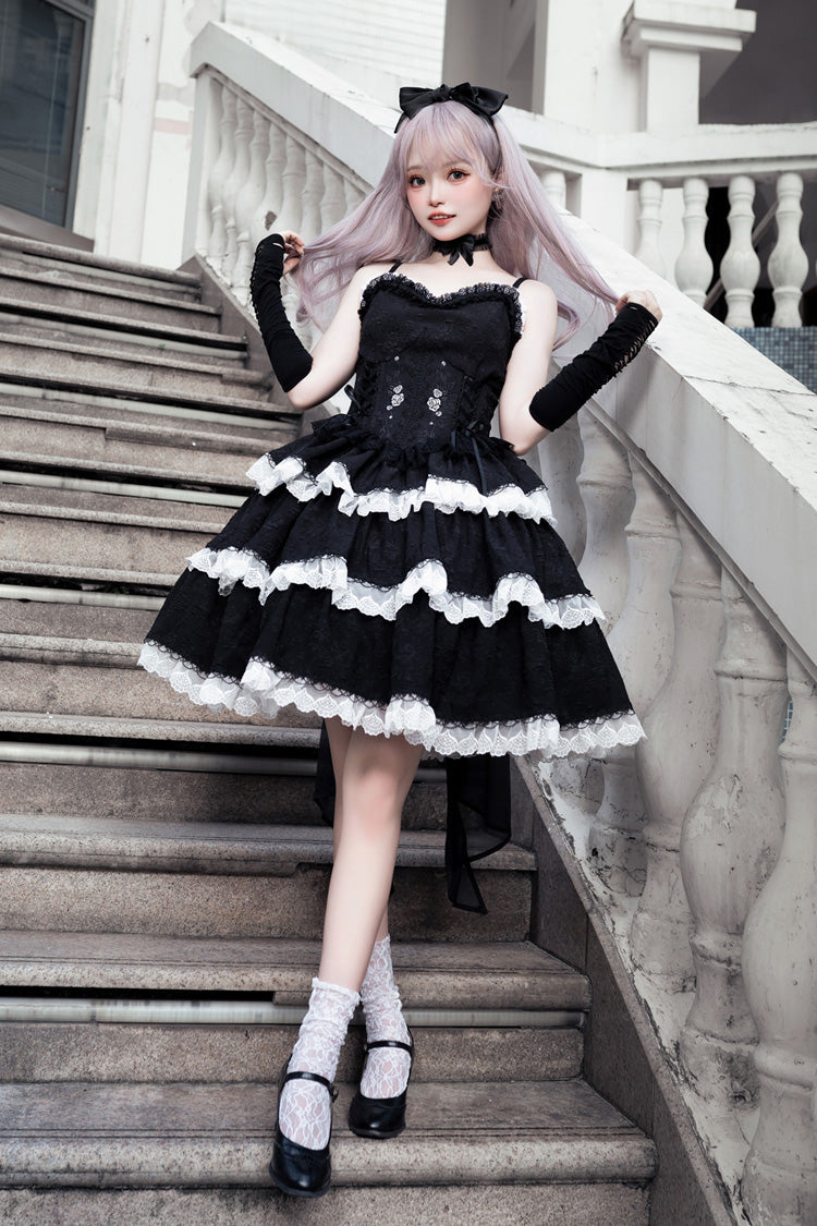 Midnight Ruffled Embroidered Bow Accent Gothic JSK Frock