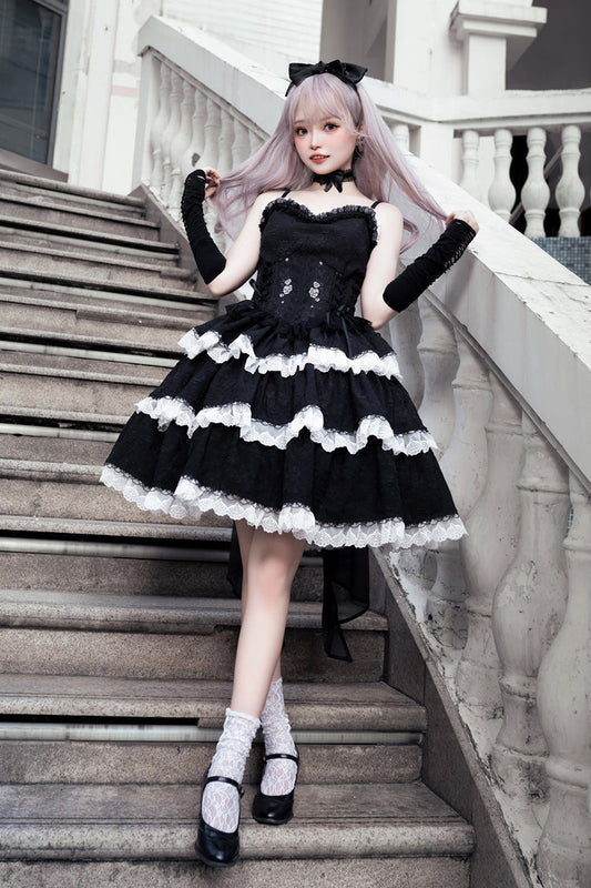 Midnight Ruffled Embroidered Bow Accent Gothic JSK Frock
