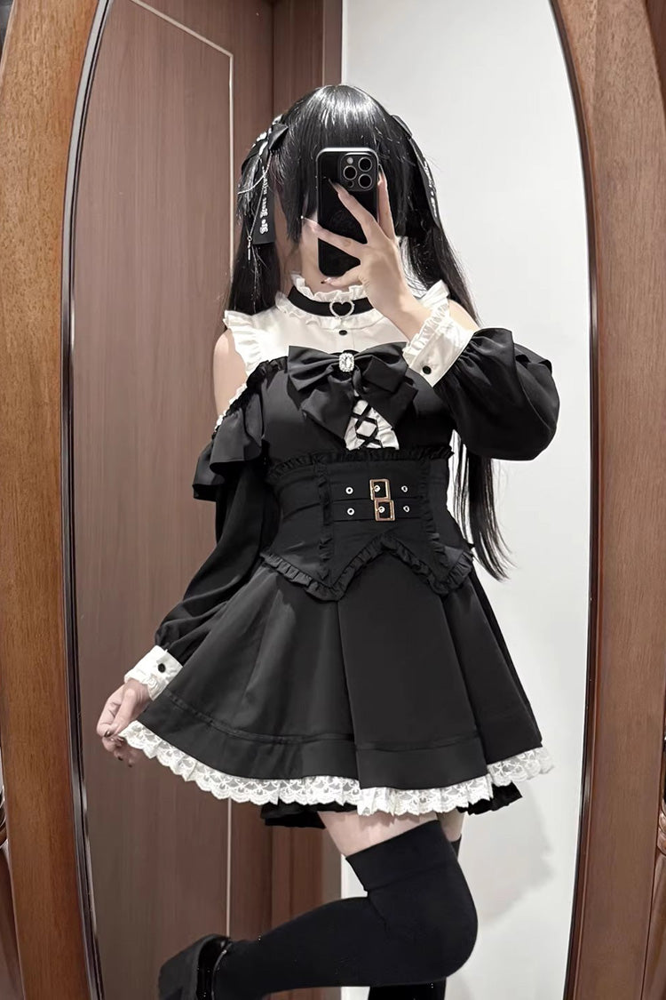 Off Shoulder Long Sleeves Ruffled Jirai Kei Japanese Dress Set