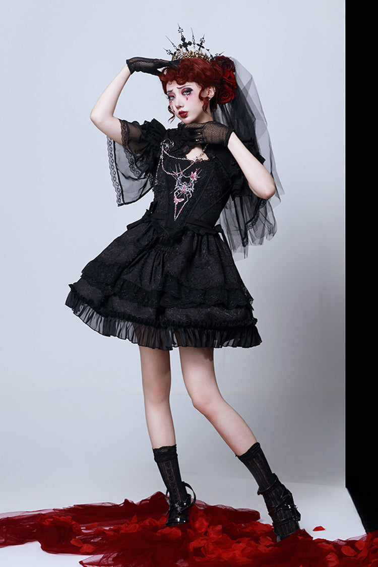 Sleeveless Gothic Lace Skirt Set with Spider Bow